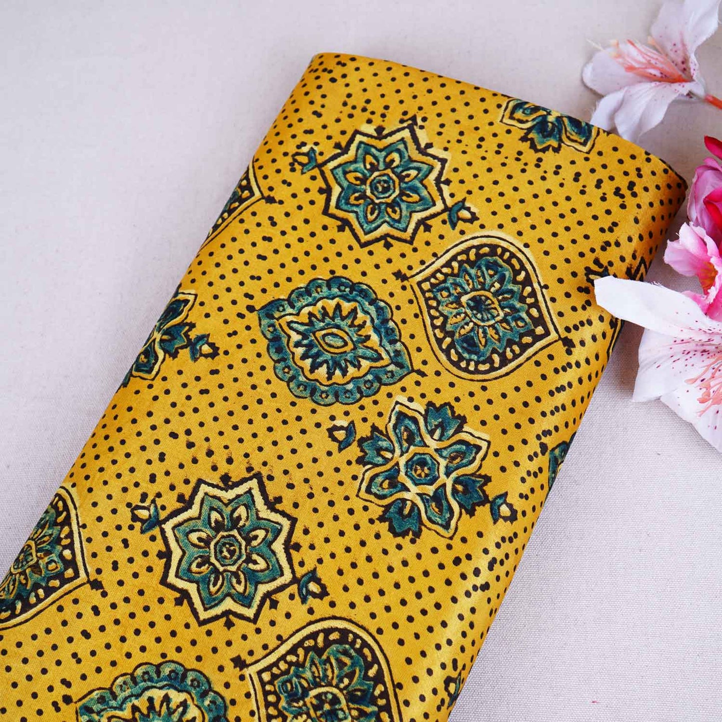 Mustard Yellow Ajrakh Print Mashru Silk Fabric