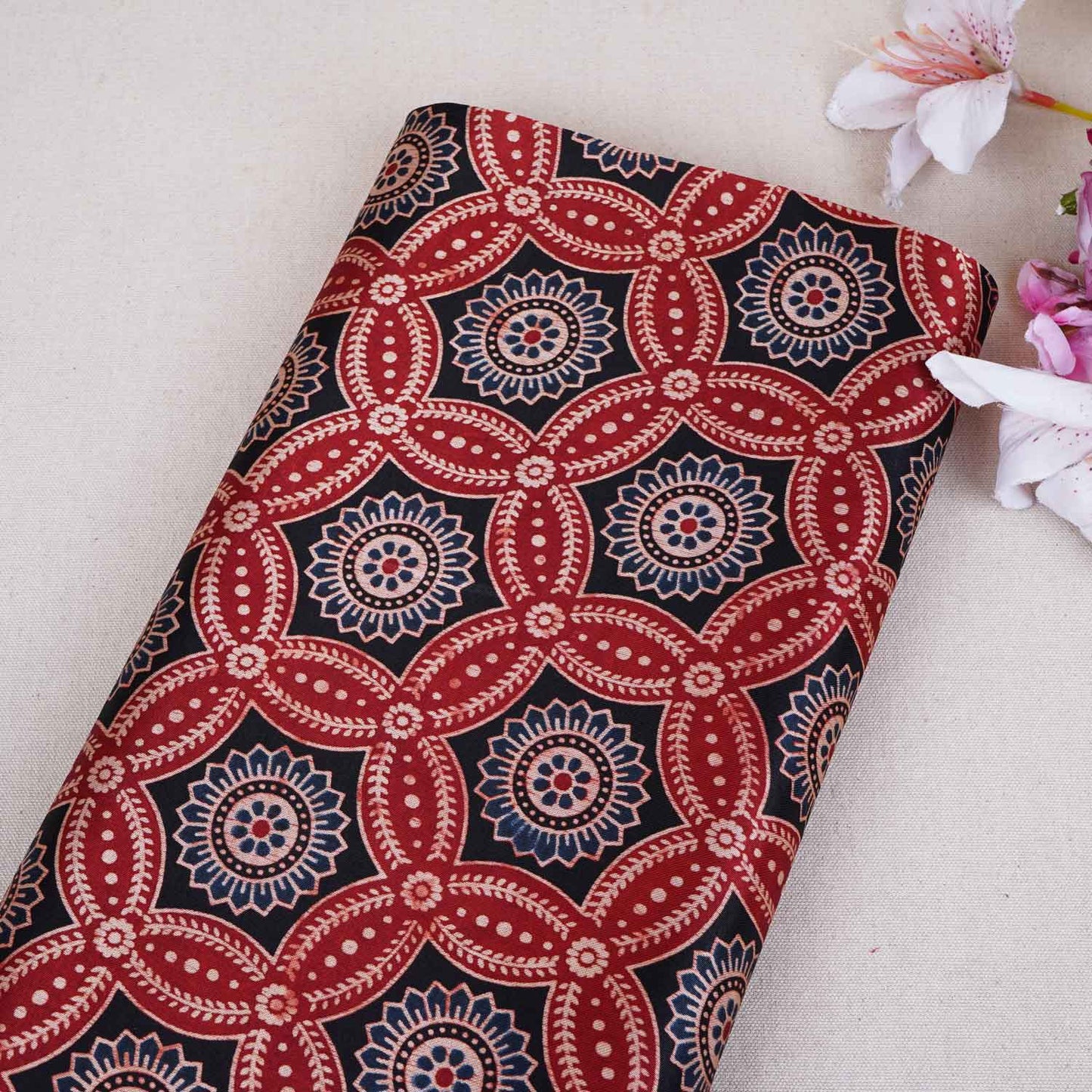 Red Ajrakh Print Mashru Silk Fabric