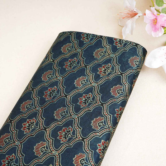 Teal Blue Floral Print Mashru Silk Fabric - Design 1