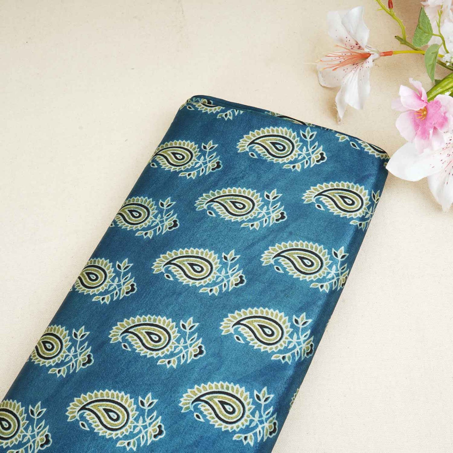 Teal Blue Floral Print Mashru Silk Fabric - Design 2