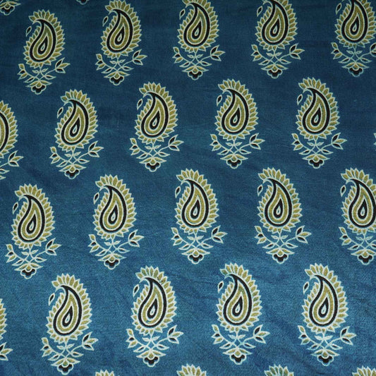 Teal Blue Floral Print Mashru Silk Fabric - Design 2