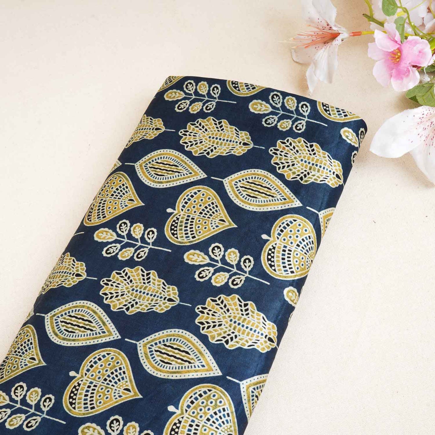 Teal Blue Floral Print Mashru Silk Fabric - Design 3