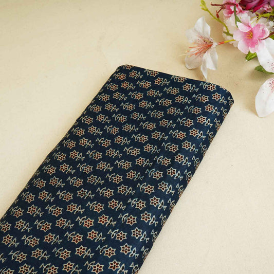 Teal Blue Floral Print Mashru Silk Fabric - Design 4
