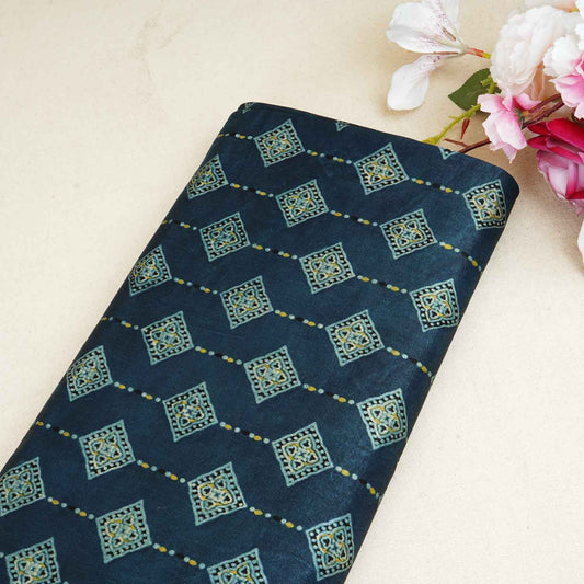 Teal Blue Floral Print Mashru Silk Fabric - Design 5