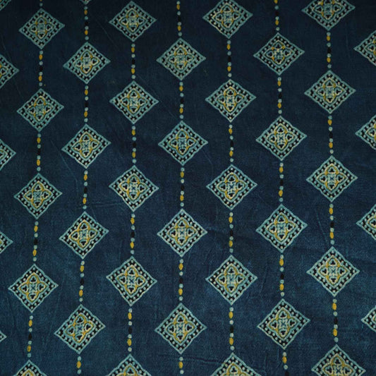 Teal Blue Floral Print Mashru Silk Fabric - Design 5