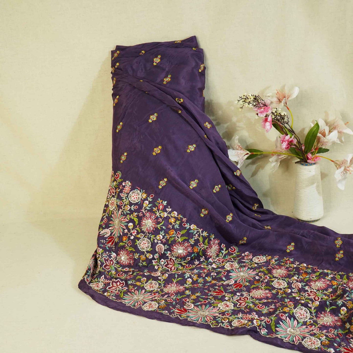 Purple Thread Embroidery Chinon Fabric