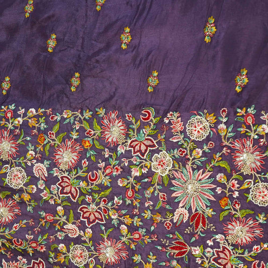 Purple Thread Embroidery Chinon Fabric