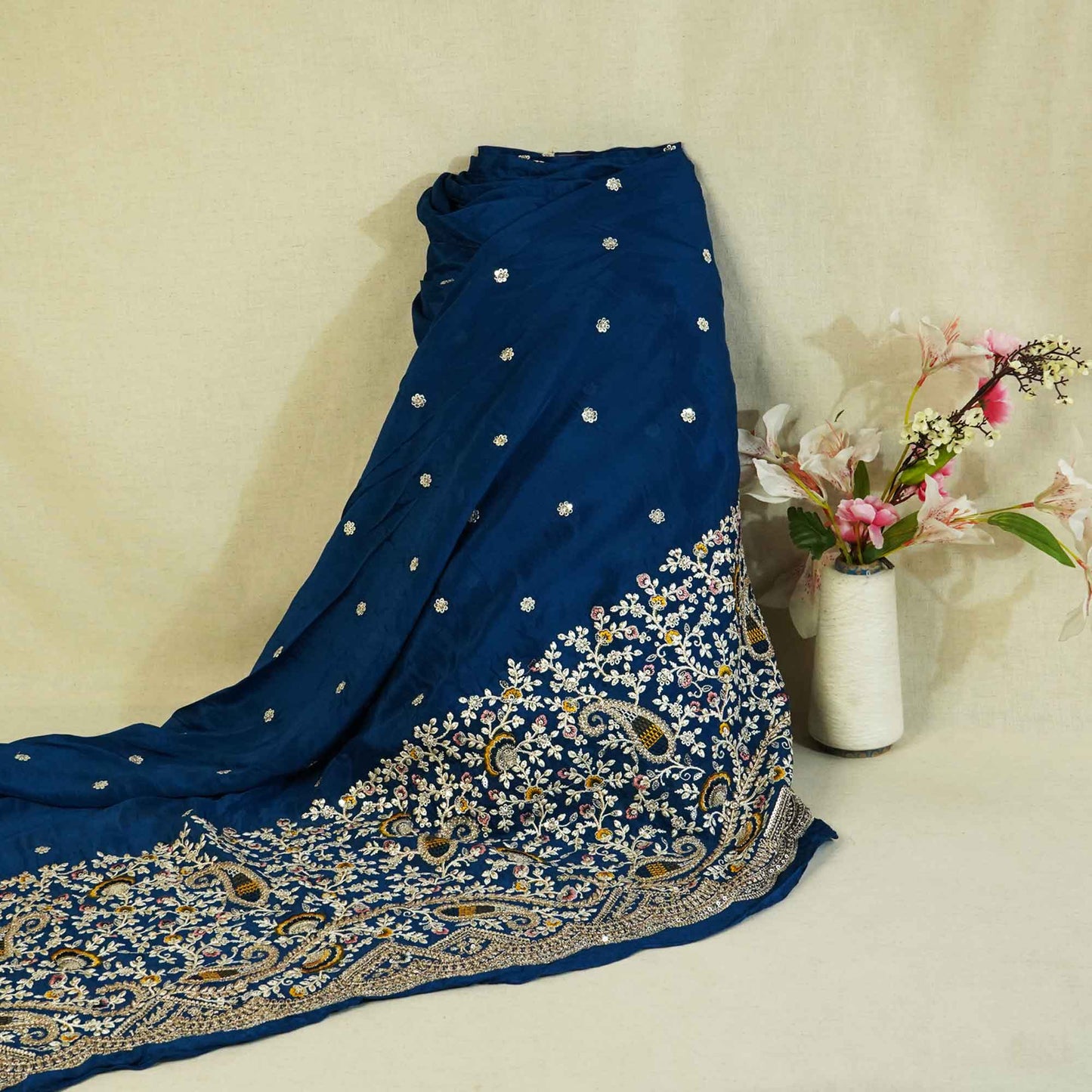 Navy Blue Thread Embroidery Chinon Fabric