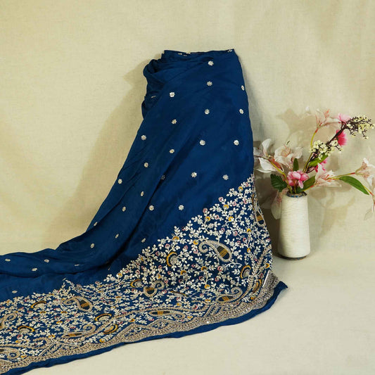 Navy Blue Thread Embroidery Chinon Fabric