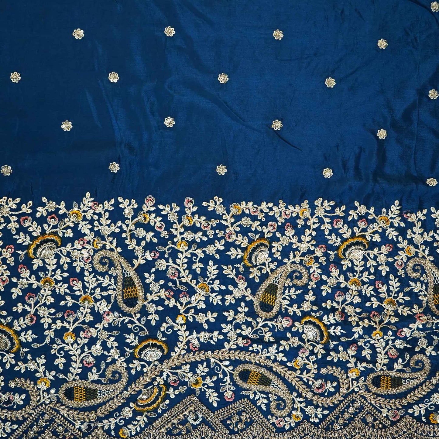Navy Blue Thread Embroidery Chinon Fabric