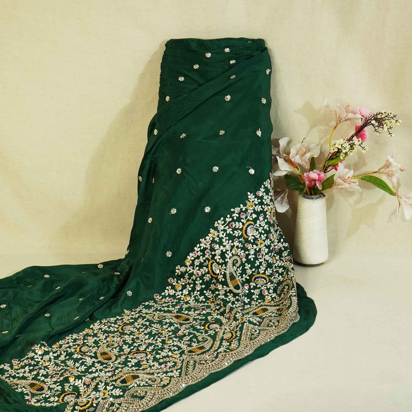 Green Thread Embroidery Chinon Fabric