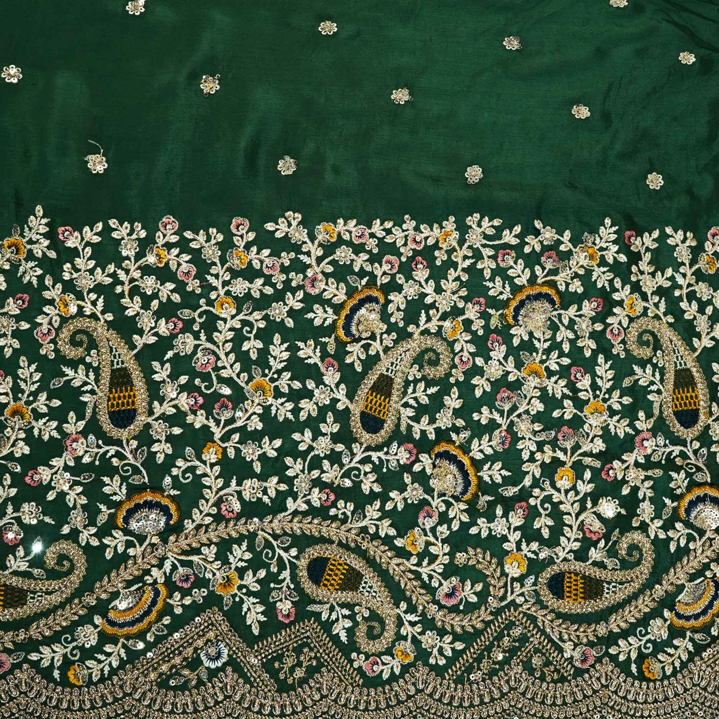 Green Thread Embroidery Chinon Fabric