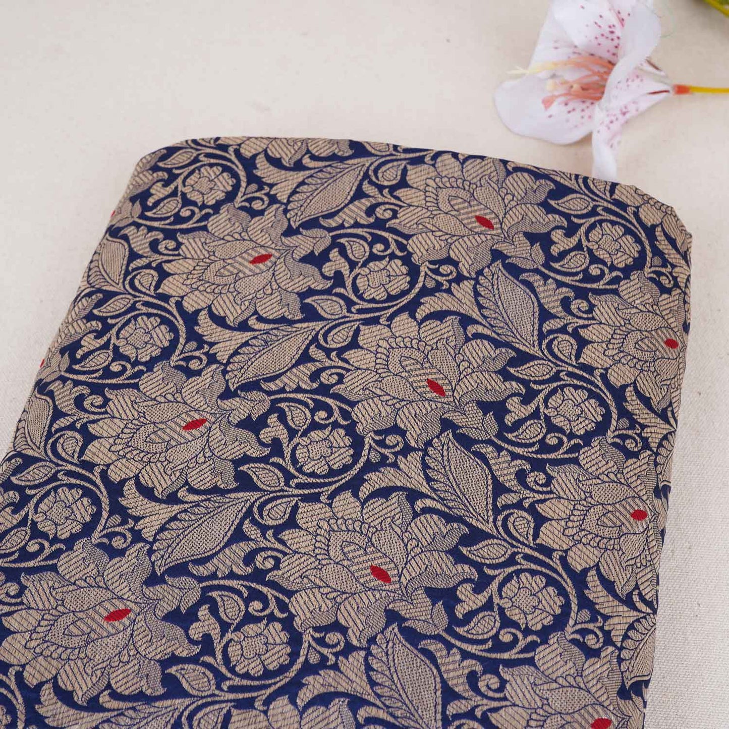Navy Blue Silver Jaal Brocade Fabric