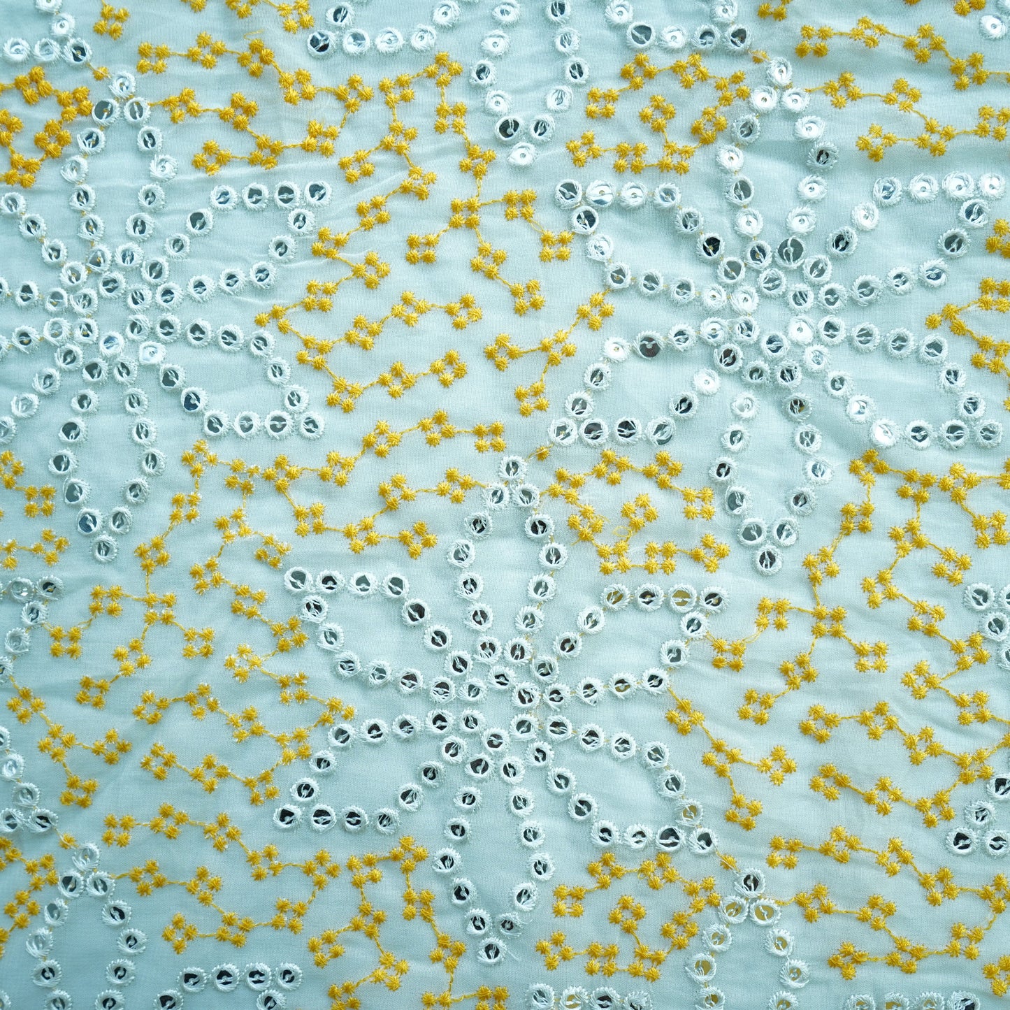 Off White Yellow Thread Embroidery Georgette Fabric