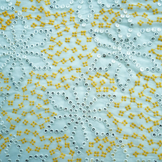 Off White Yellow Thread Embroidery Georgette Fabric
