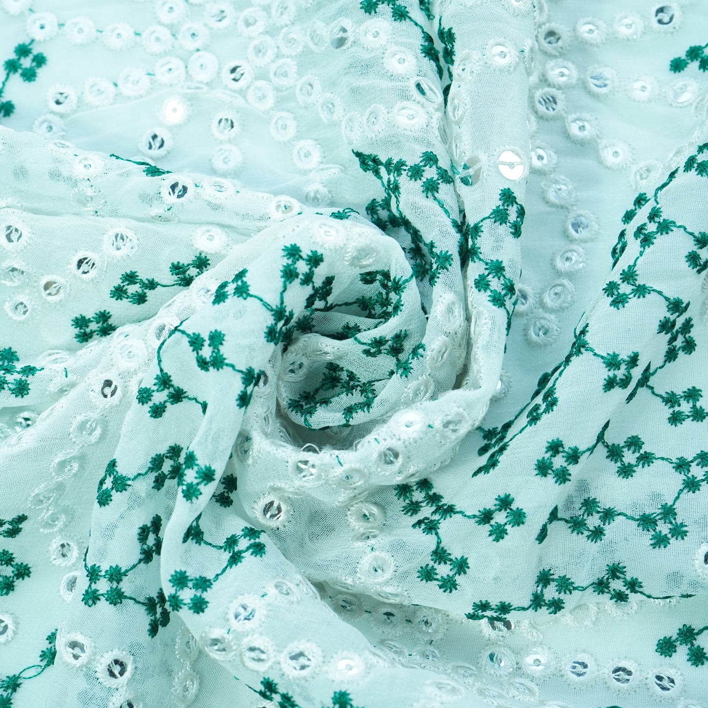 Off White Green Thread Embroidery Georgette Fabric