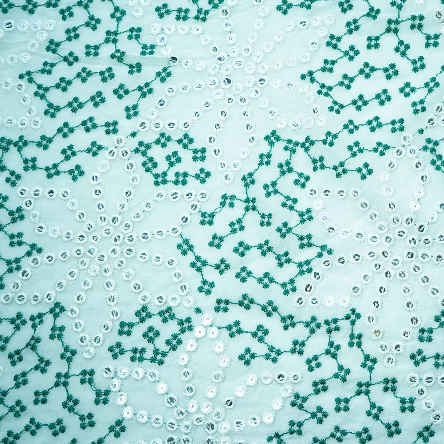 Off White Green Thread Embroidery Georgette Fabric