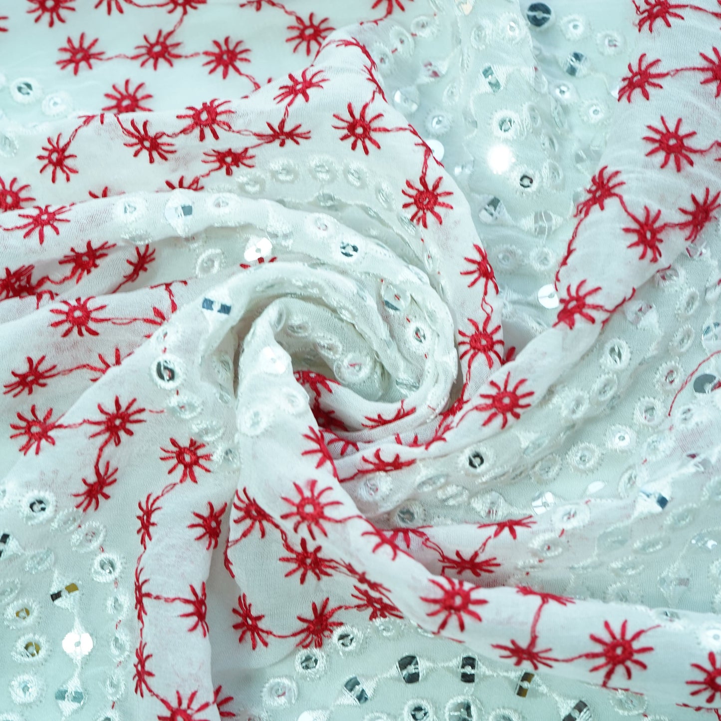 Off White Red Thread Embroidery Georgette Fabric