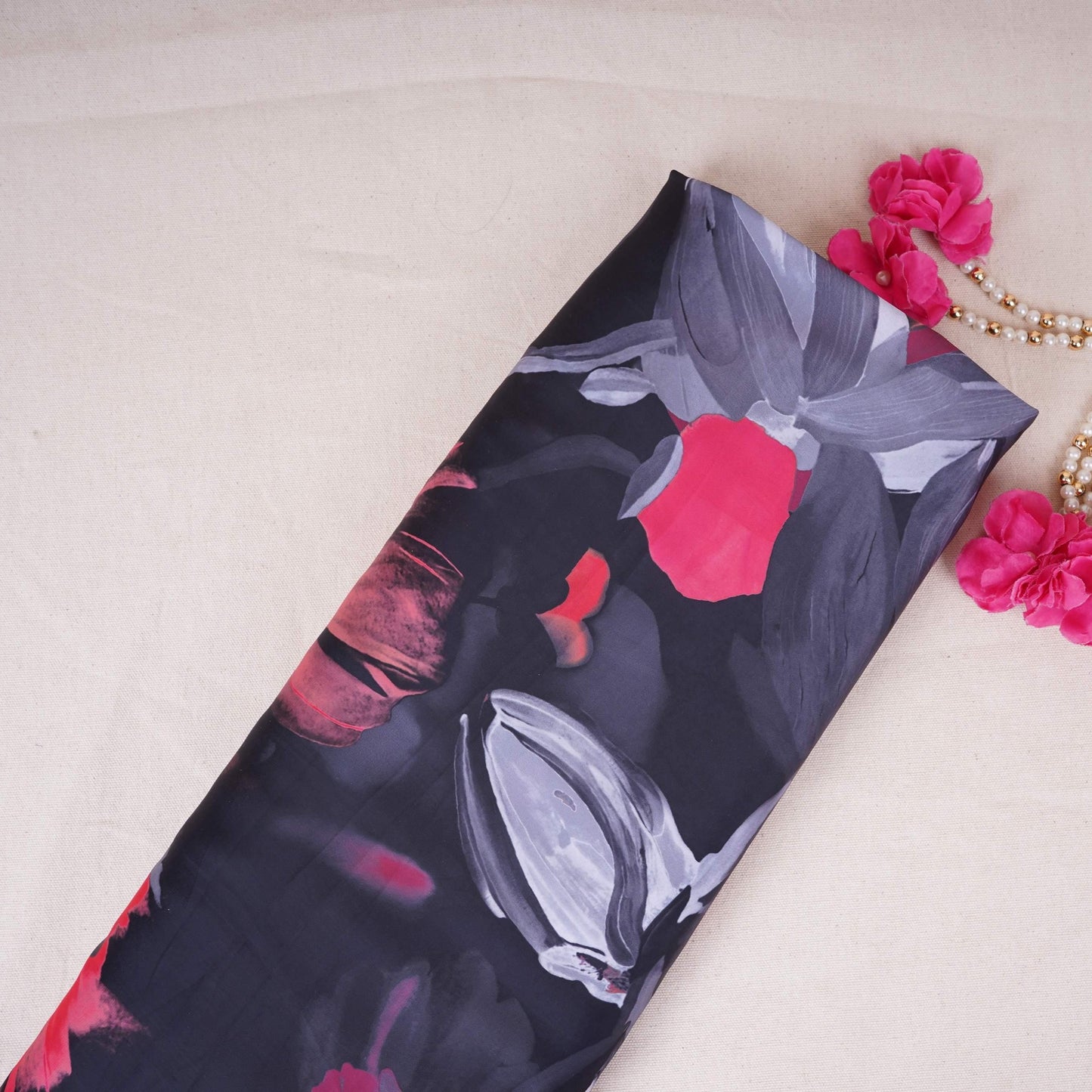 Black with Pink floral print Modal Satin Fabric