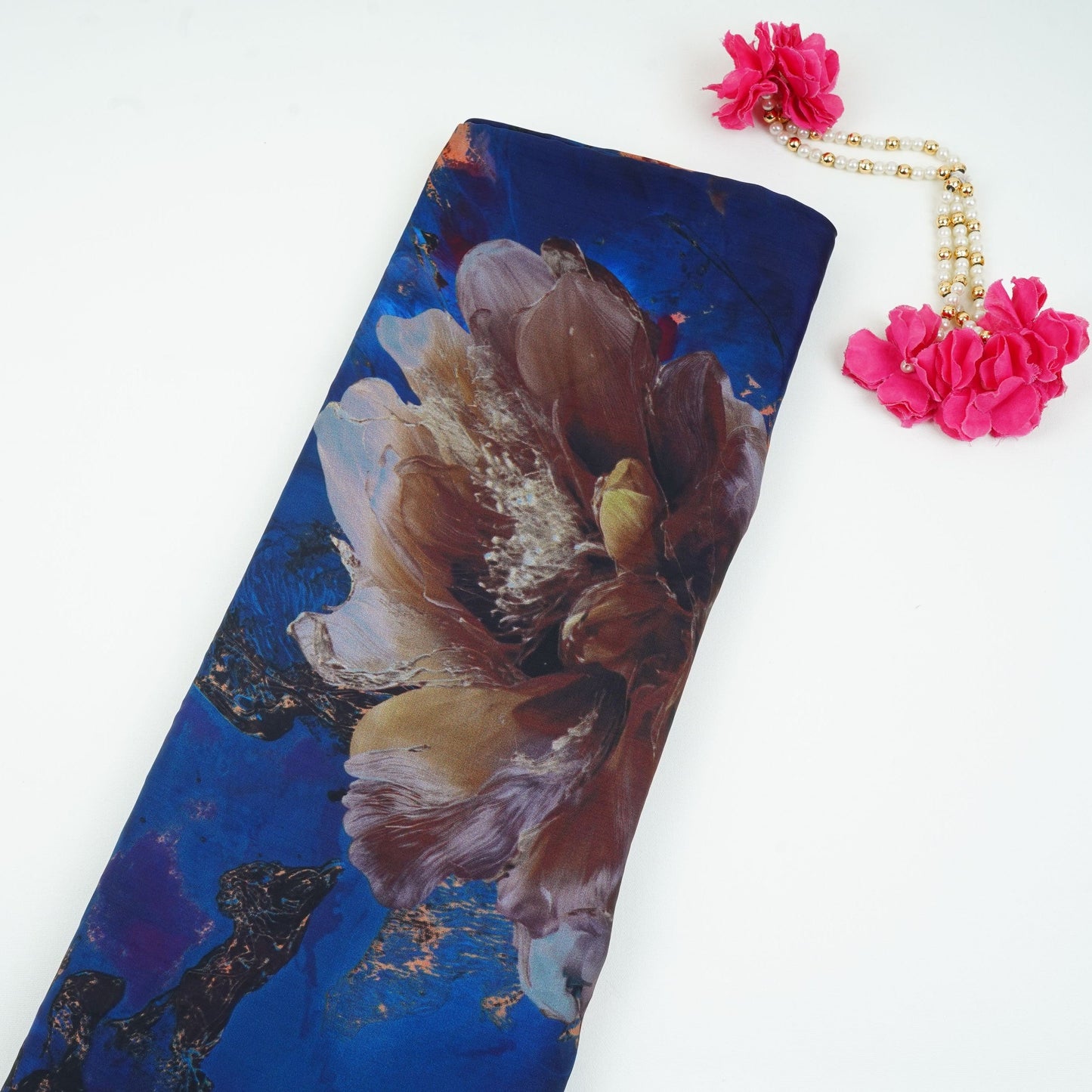 Navy Blue floral print Modal Satin Fabric