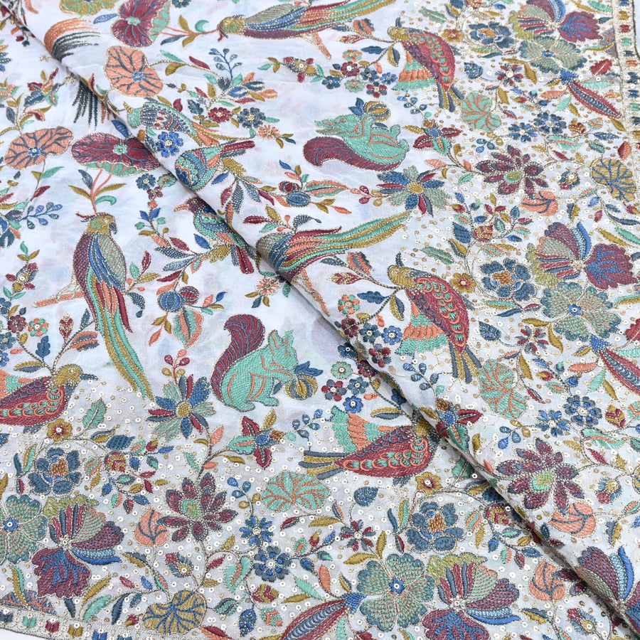 WHITE GEORGETTE COLORFUL BIRD & FLORAL EMBROIDERY FABRICS 54" – DESIGNER EMBROIDERED FABRIC