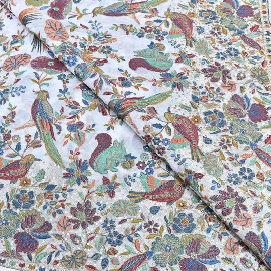 WHITE GEORGETTE COLORFUL BIRD & FLORAL EMBROIDERY FABRICS 54" – DESIGNER EMBROIDERED FABRIC