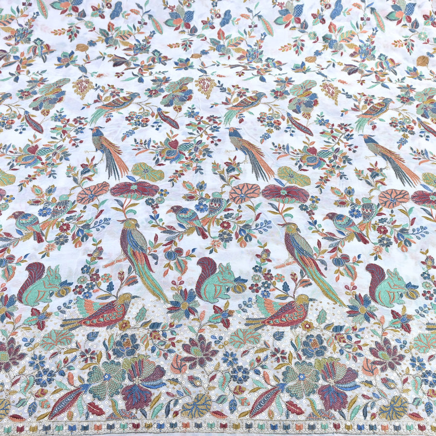 WHITE GEORGETTE COLORFUL BIRD & FLORAL EMBROIDERY FABRICS 54" – DESIGNER EMBROIDERED FABRIC