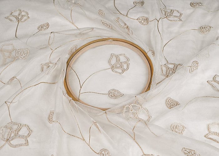 White Dyeable Pure Organza Fabric With All Over Zari And Beads Work PG-102