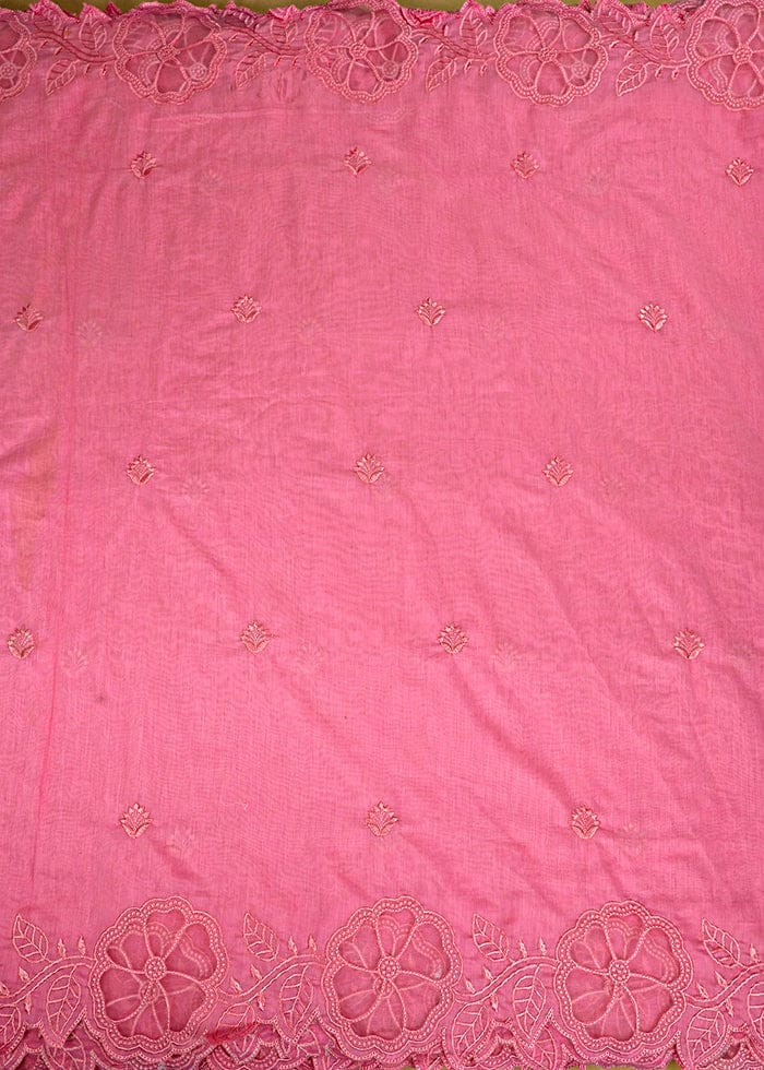Baby Pink Chanderi Dupatta Fabric With All Over Thread Work And Two Side Organza Cutwork Border PG-105