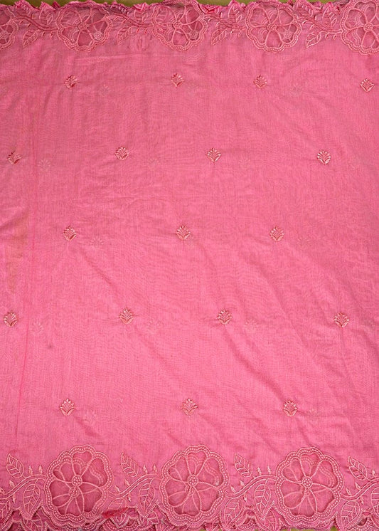 Baby Pink Chanderi Dupatta Fabric With All Over Thread Work And Two Side Organza Cutwork Border PG-105