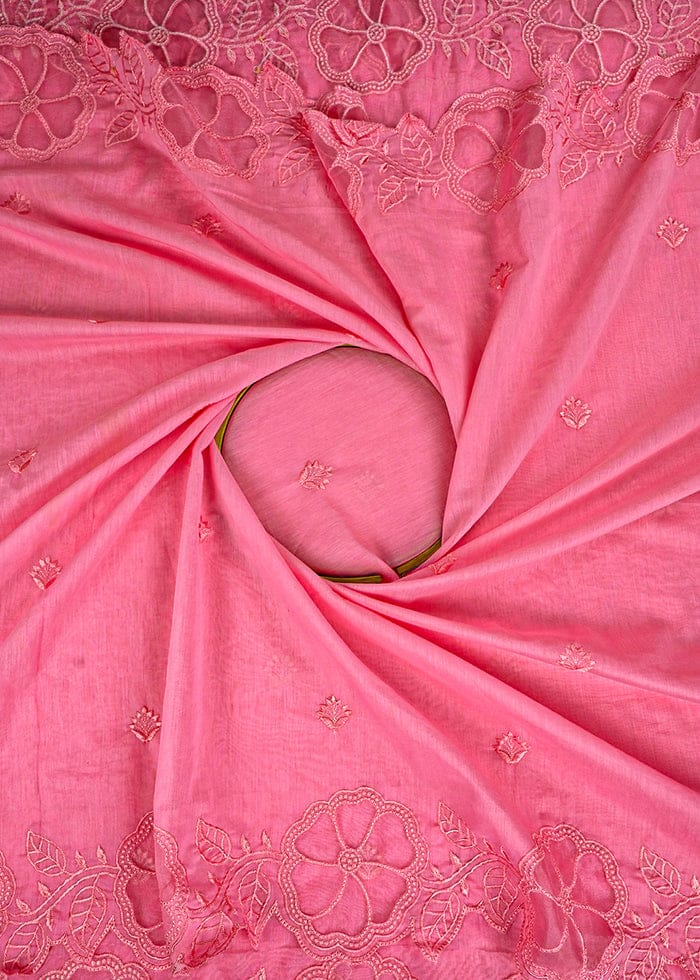 Baby Pink Chanderi Dupatta Fabric With All Over Thread Work And Two Side Organza Cutwork Border PG-105