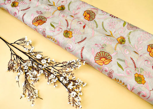 Light Grey Organza Fabric All Over Thread Work PG 15155
