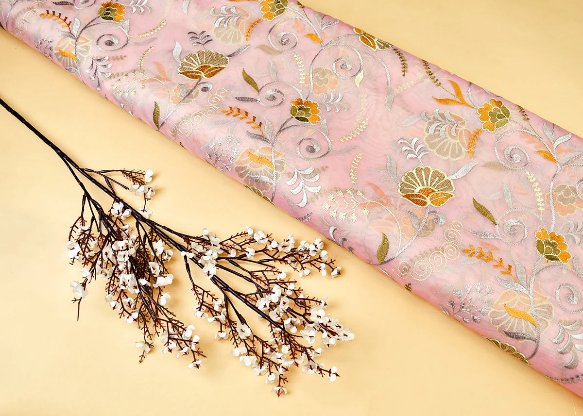 Pink Organza Fabric with All Over Thread Work  PG 15156