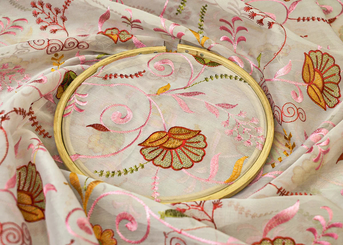 Light Grey Organza Fabric All Over Thread Work PG 15155