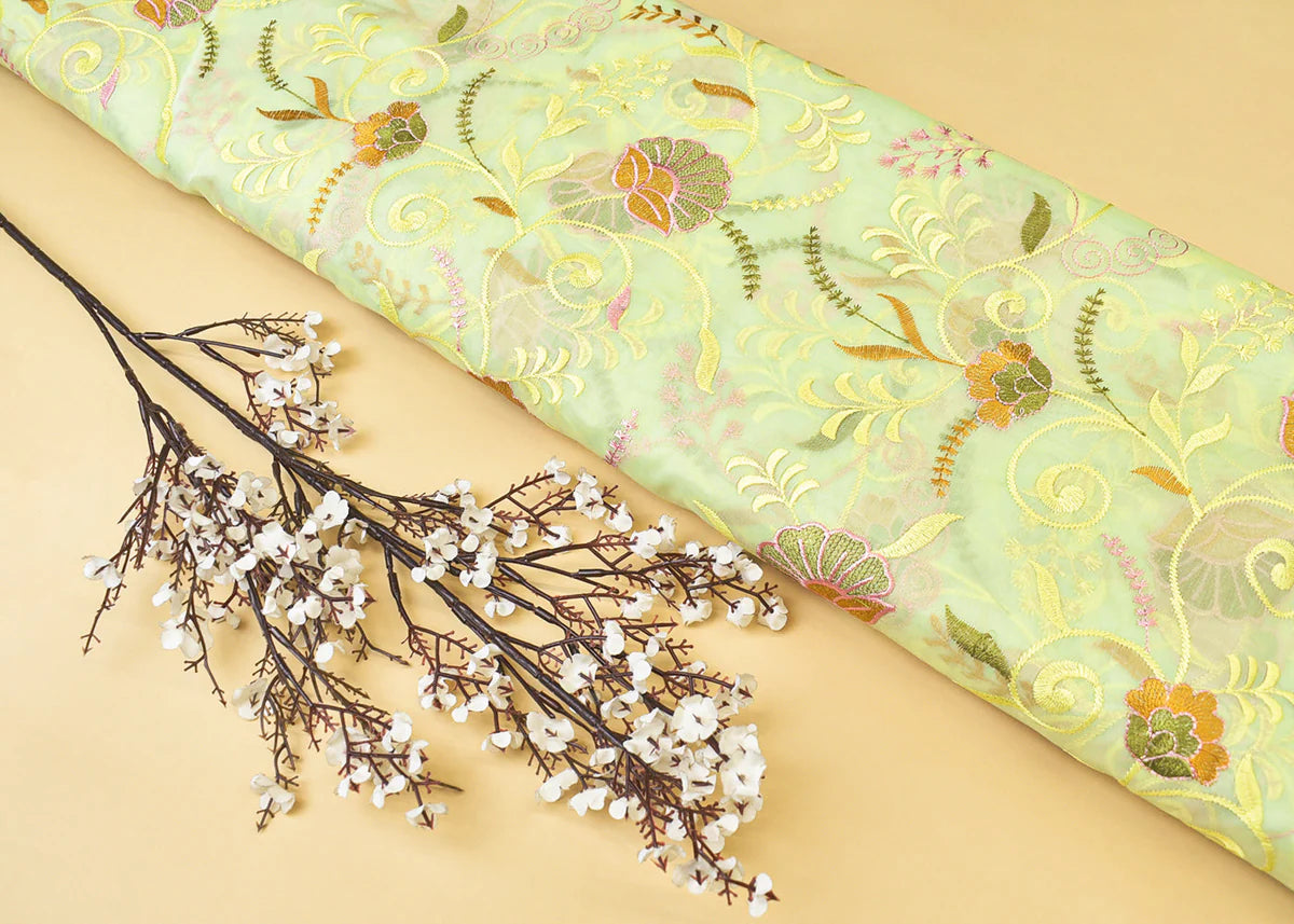 Pista Green Organza Fabric with All Over Thread Work PG 15154