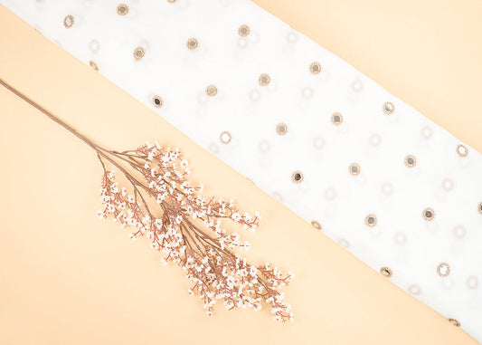 White Georgette Dyeable Fabric With All Over Buti Of Golden Zari And Faux Mirror Work PG 22411