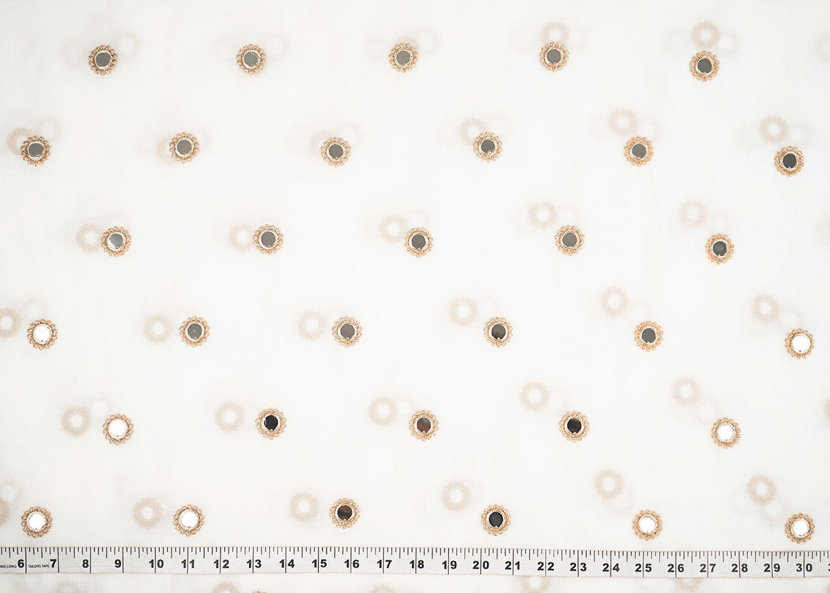 White Georgette Dyeable Fabric With All Over Buti Of Golden Zari And Faux Mirror Work PG 22411