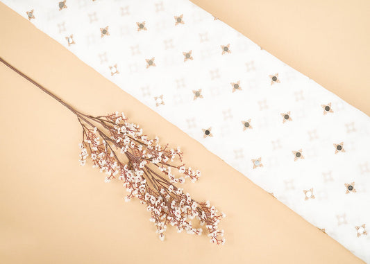 White Georgette Dyeable Fabric With All Over Buti Of Golden Zari And Faux Mirror Work PG 22413