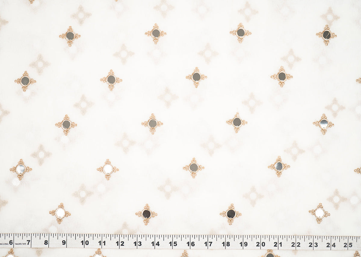 White Georgette Dyeable Fabric With All Over Buti Of Golden Zari And Faux Mirror Work PG 22413
