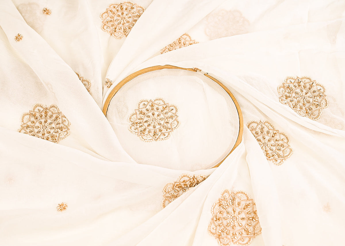 White Dyeable Georgette Fabric With All Over Sequins, Beads And Katdana Work PG 22143