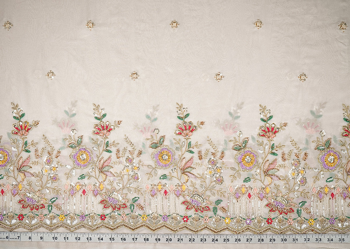 White Dyeable Georgette Fabric With All Over Buti Of Sequins, Katdana And Bead Work With One Side Border PG 21721