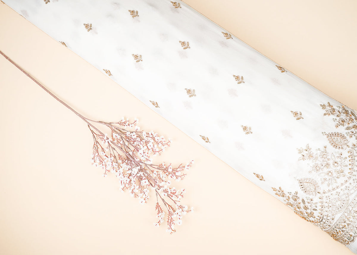 White Dyeable Georgette Fabric With All Over Buti Of Zari, Bead, Sequins And Katdana Work With One Side Border PG 21674