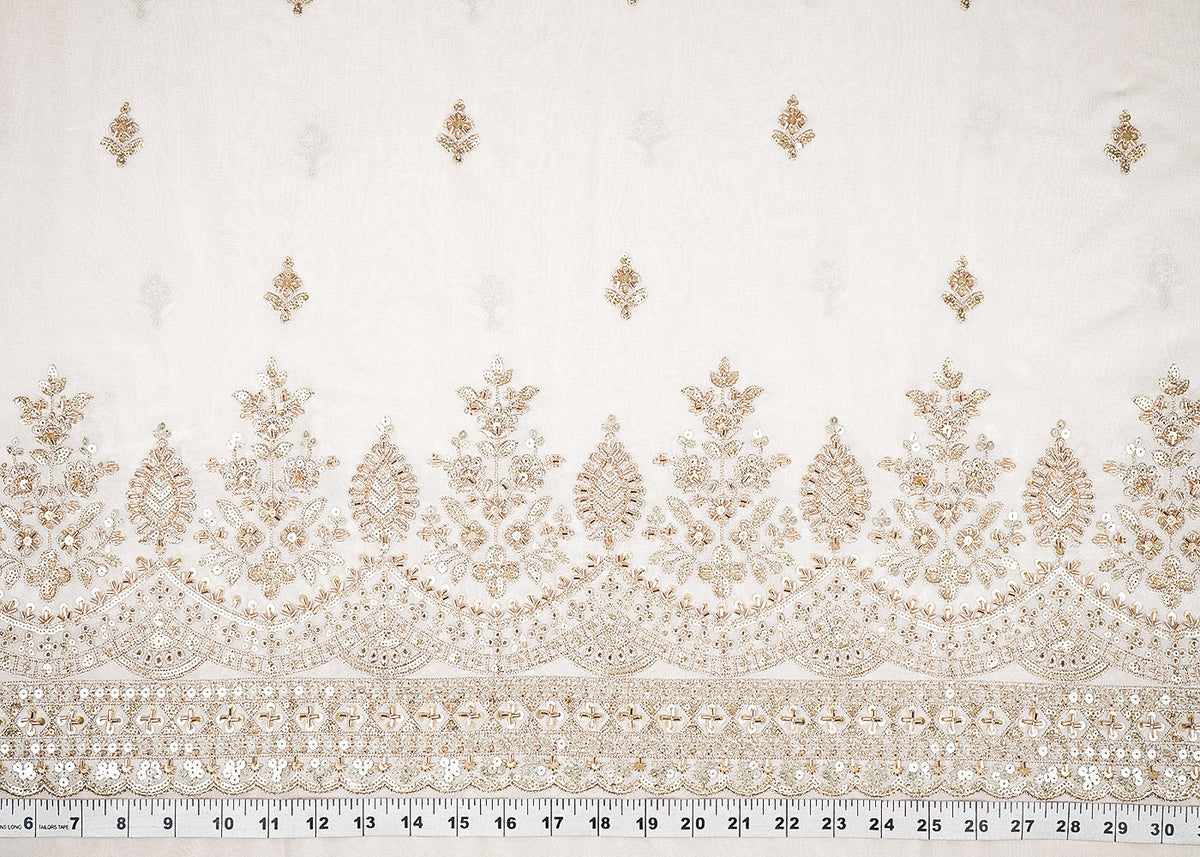 White Dyeable Georgette Fabric With All Over Buti Of Zari, Bead, Sequins And Katdana Work With One Side Border PG 21674