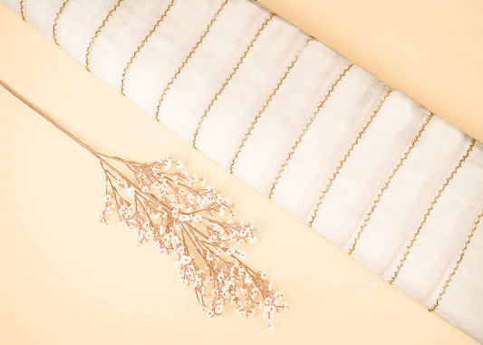 White Dyeable Georgette Fabric With All Over Stripes of Sequins And Katdana Work PG 21490
