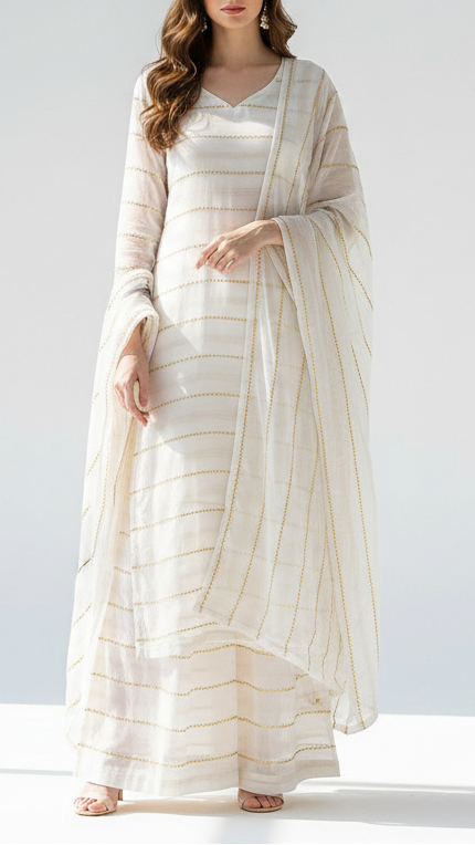 White Dyeable Georgette Fabric With All Over Stripes of Sequins And Katdana Work PG 21490