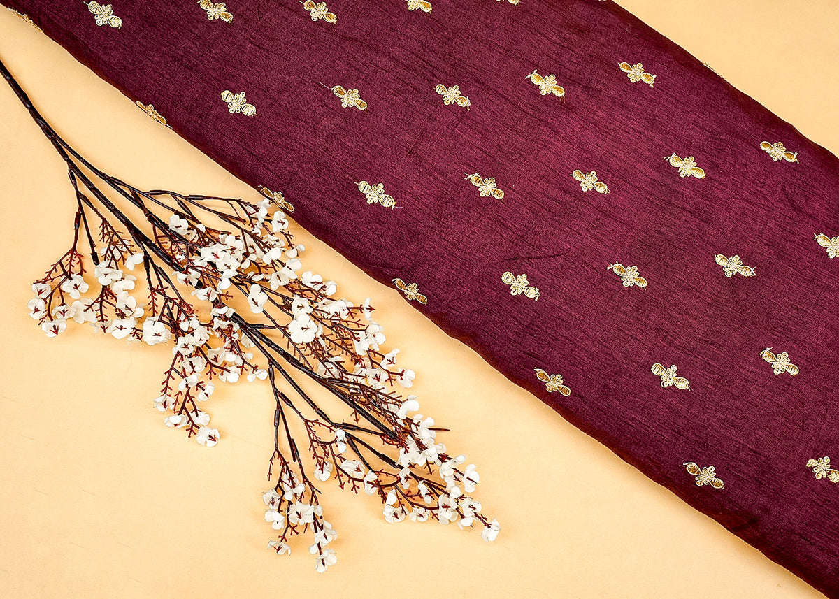 Wine Radiance Silk Fabric with All-Over Buti of Zari and Sequins PG 11834