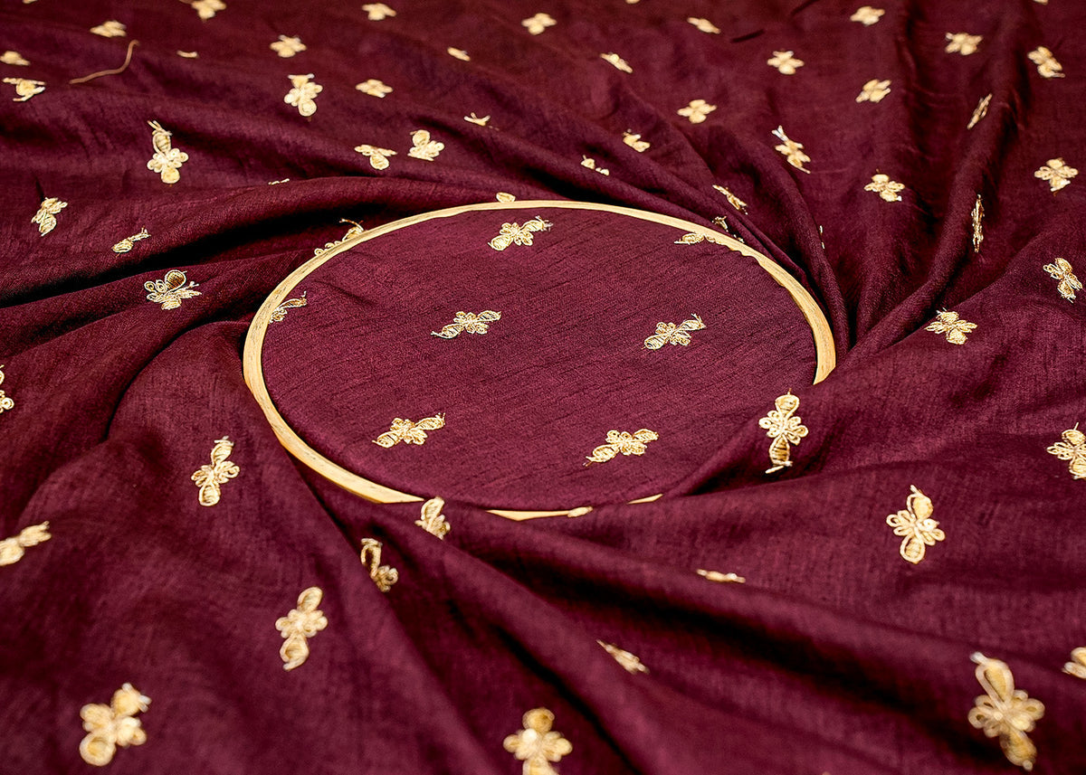 Wine Radiance Silk Fabric with All-Over Buti of Zari and Sequins PG 11834