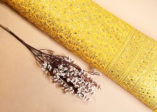 Yellow Silk Fabric with All Over Sequins and Mirror Work and One Side Heavy Border PG 16048