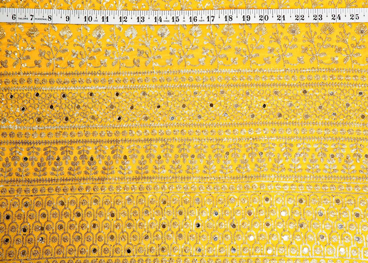 Yellow Silk Fabric with All Over Sequins and Mirror Work and One Side Heavy Border PG 16048