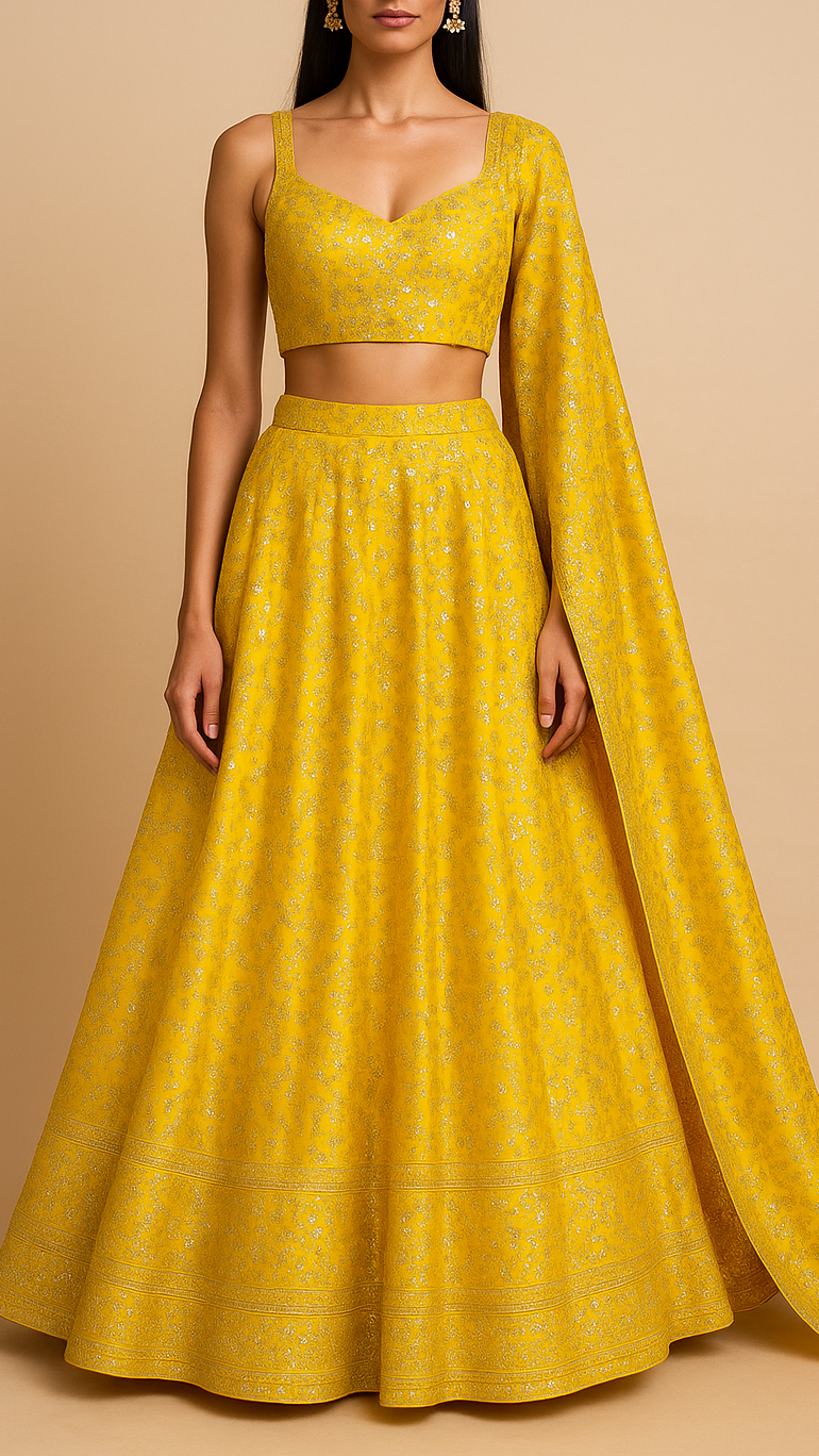Yellow Silk Fabric with All Over Sequins and Mirror Work and One Side Heavy Border PG 16048